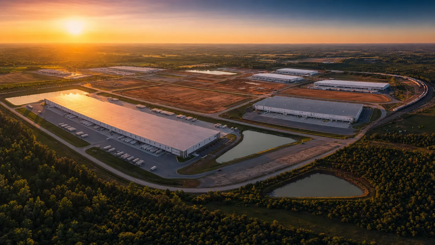Aerial of a master-planned industrial park at sunset, with rail and multiple distribution facilities.