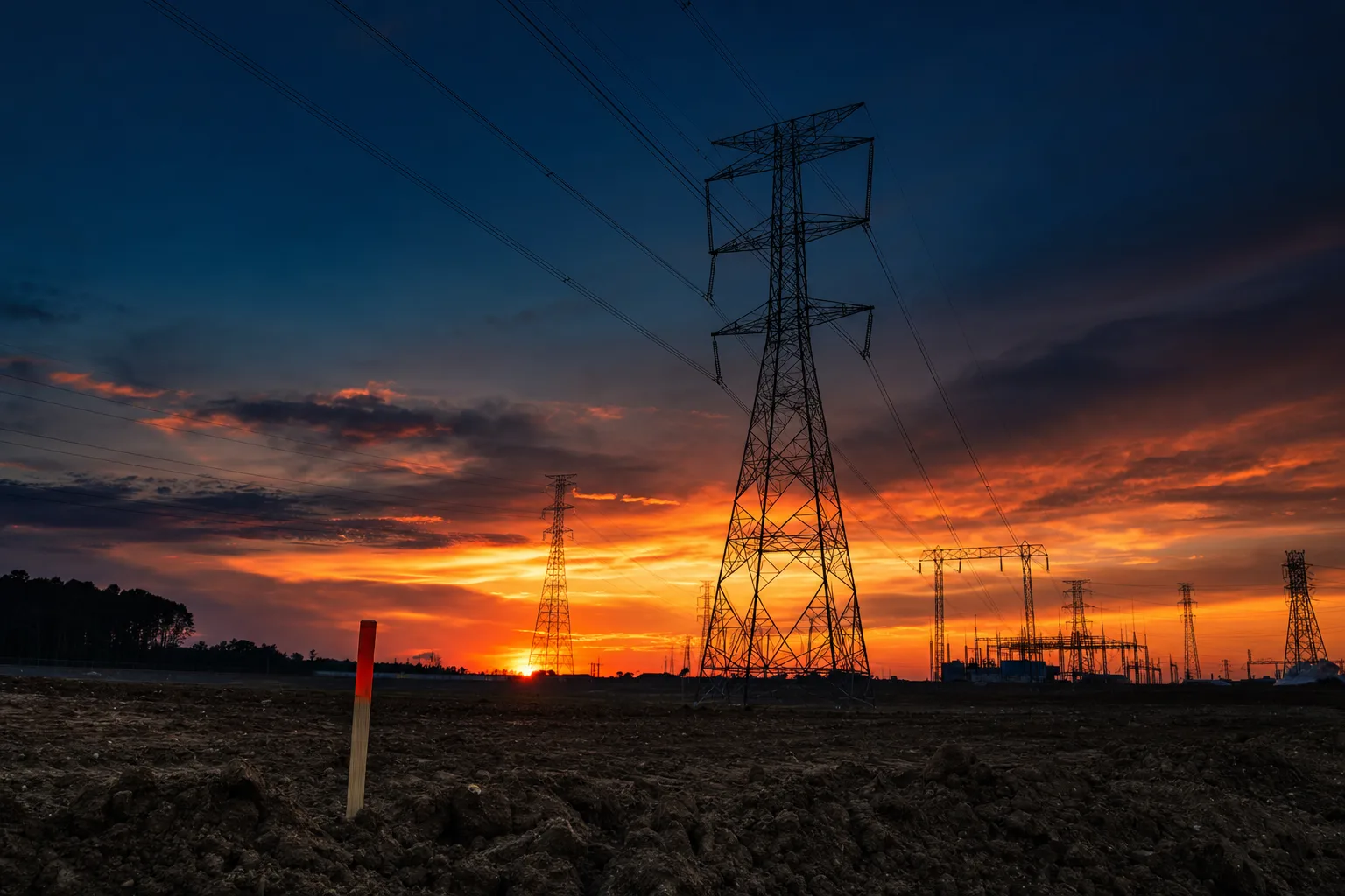 High-voltage transmission towers silhouetted against a deep amber and navy sunset over a graded industrial site.